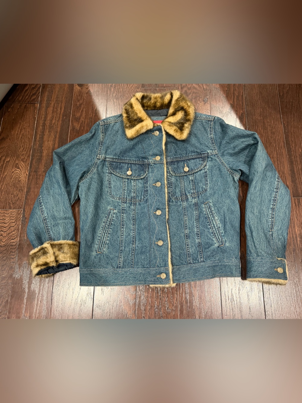 Esprit Vintage Women Faux Fur Trim Quilted  Blue Denim Jacket Size Medium